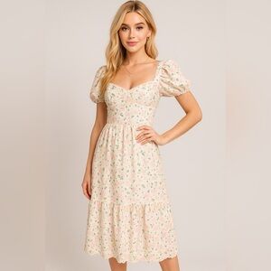 Adelyn Rae Pastel Floral Puff Sleeve Midi Dress – Size L